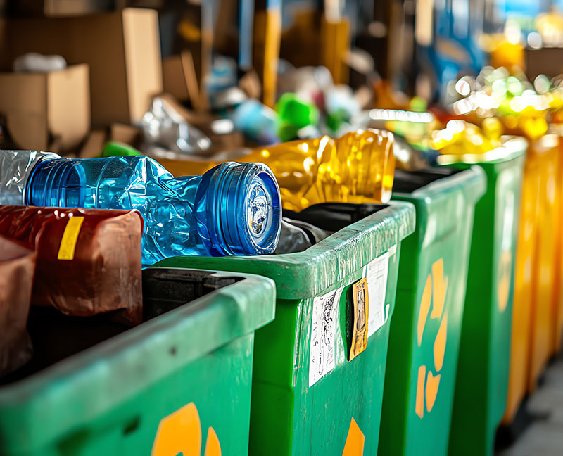 Green recycling bins with bottles and cardboard at Treasure Not Trash Recycling